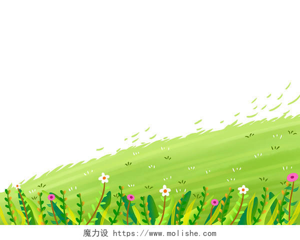 绿色手绘卡通花朵花草草地春暖花开春分春天春季元素PNG素材